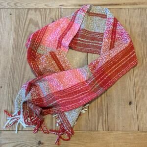 J.Jill Plaid Textured Pink Red Tan White Fringed Scarf 80”x10.5” Scarf A4